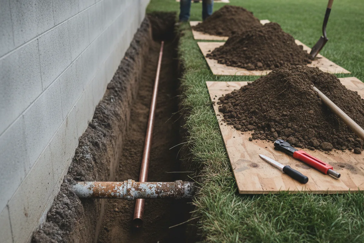 Excavated water line trench during Water Heater Repair in Grasonville